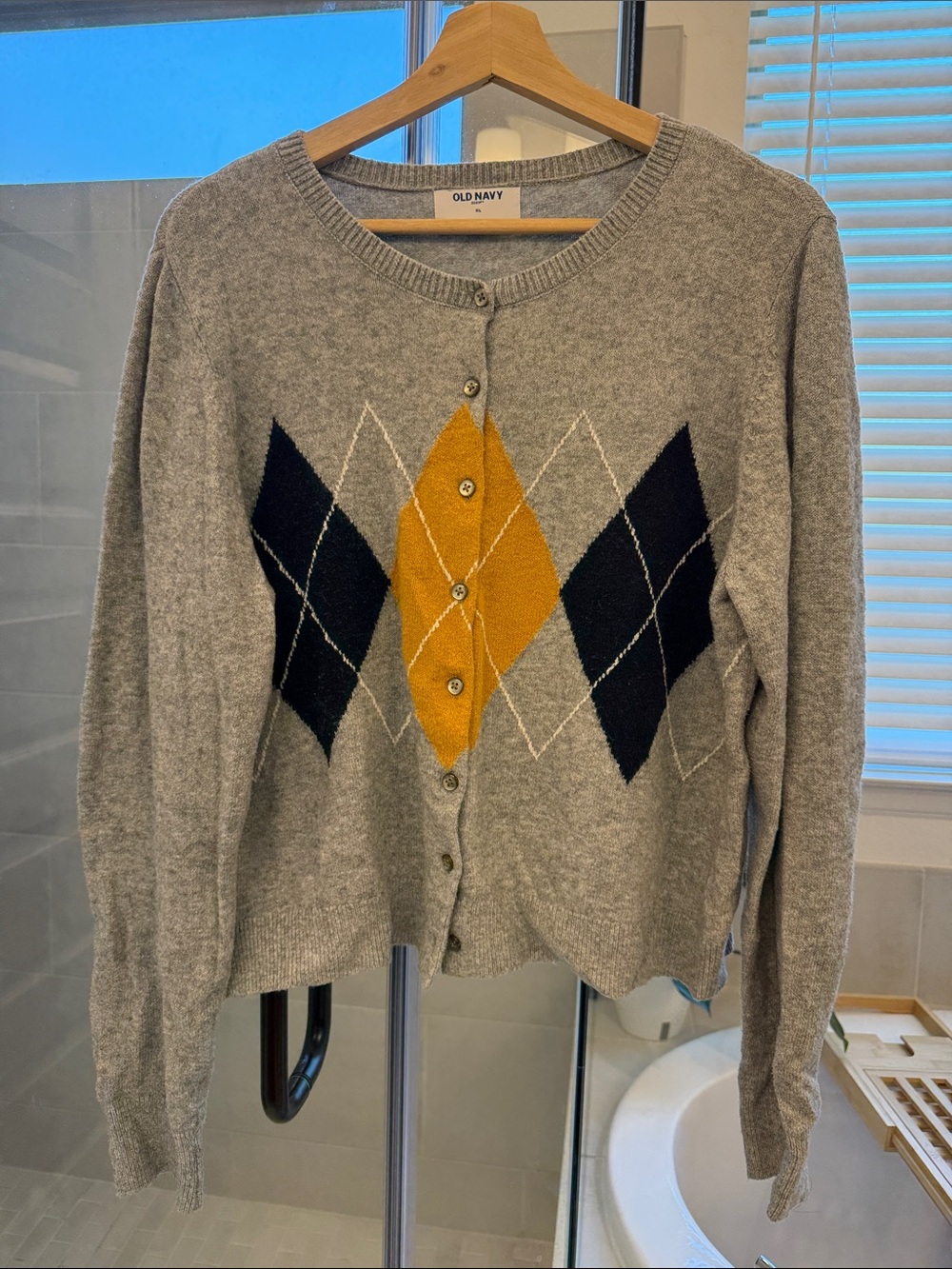 Old Navy Gray Argyle Cardigan Sweater with Yellow & Navy Diamonds
